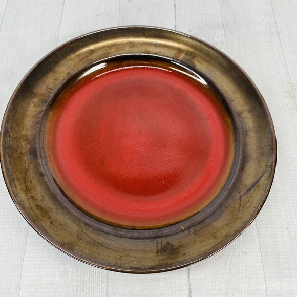 Over and Back Crackled Design Red Bronze Rim Round Ceramic Dinner Plates Set 4 - Picture 2 of 16